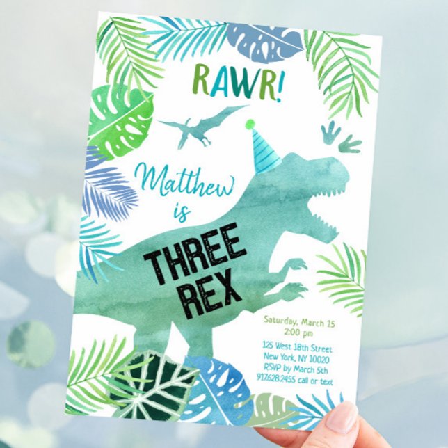 Three Rex Dinosaur Greenery Birthday Invitation (Creator Uploaded)