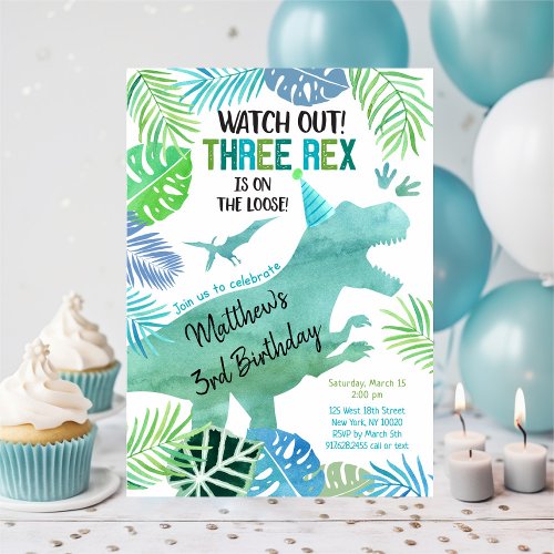 Three Rex Dinosaur Greenery Birthday Invitation