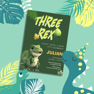 Three Rex Dinosaur Kids Birthday Invitation