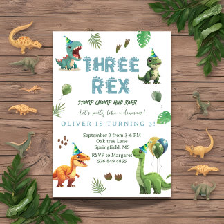 Three rex Dinsoaur birthday,watercolor t-rex Invitation