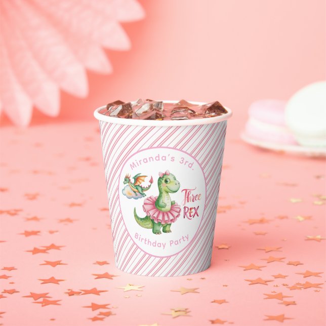 Three Rex Girl Birthday Party Paper Cups (Insitu)