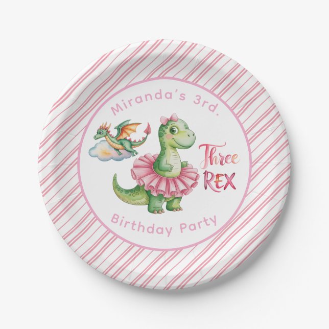 Three Rex Girl Birthday Party Paper Plates (Front)