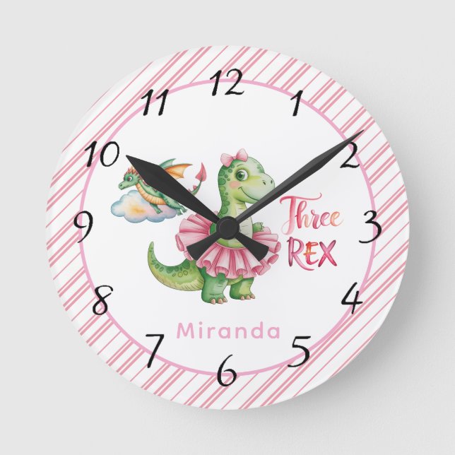 Three Rex Girl Birthday Party Round Clock (Front)