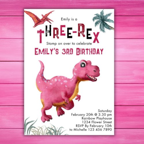 Three_Rex Girls 3rd Birthday Dinosaur Pink Dino  Invitation