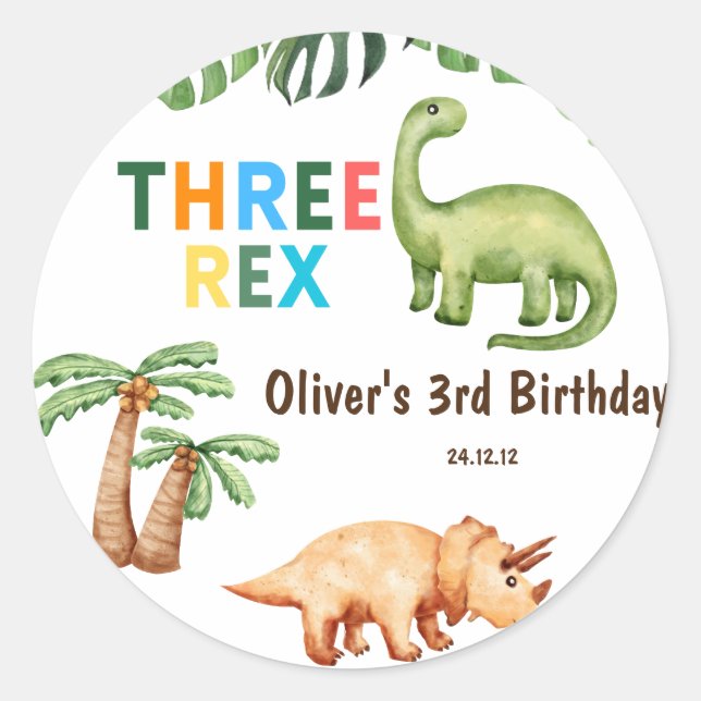 Three Rex kids birthday party Classic Round Sticker (Front)