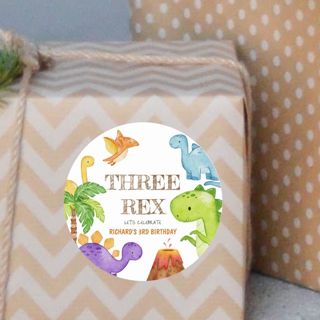 Three Rex Kids Dinosaur 3rd Birthday Party Classic Round Sticker (Creator Uploaded)