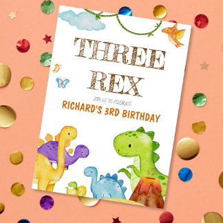 Three Rex Kids Dinosaur 3rd Birthday Party Invitation