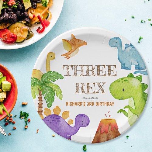 Three Rex Kids Dinosaur 3rd Birthday Party Paper Plates