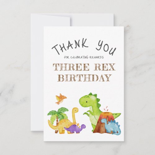 Three Rex Kids Dinosaur 3rd Birthday Party Thank You Card