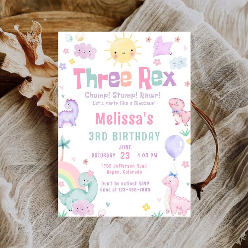 Three Rex Pastel Dinosaur 3rd Birthday Party Invitation