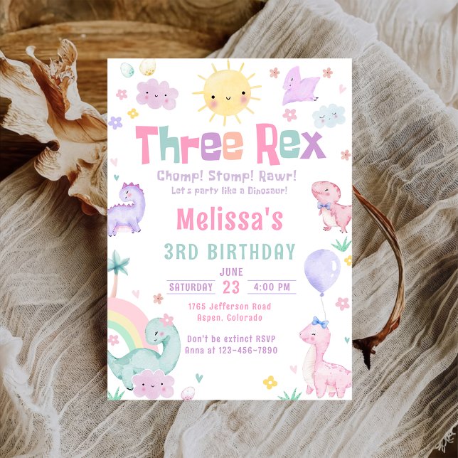 Three Rex Pastel Dinosaur 3rd Birthday Party Invitation (Creator Uploaded)