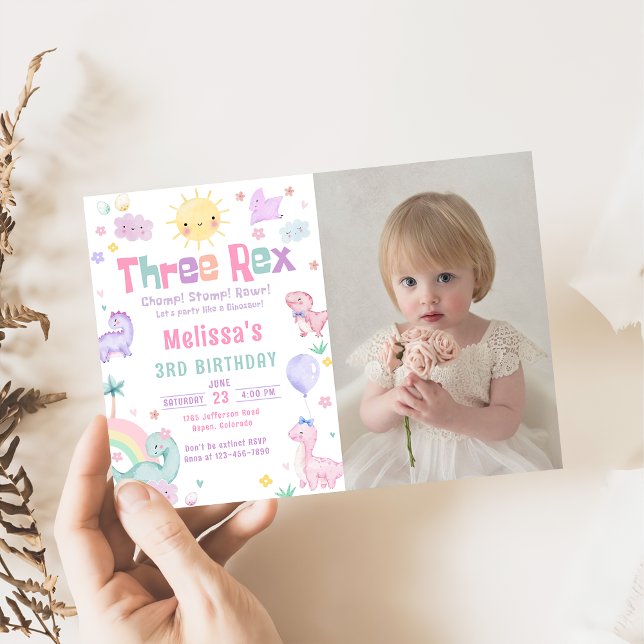 Three Rex Pastel Dinosaur 3rd Birthday Photo Invitation (Creator Uploaded)