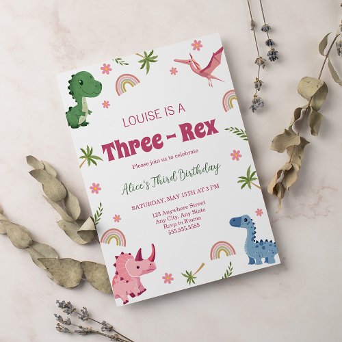 Three_Rex Pink Dinosaur Girl 3rd Third Birthday Invitation