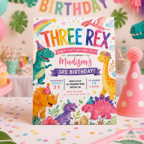 THREE REX Rainbow Dinosaur Girls Birthday Party Invitation