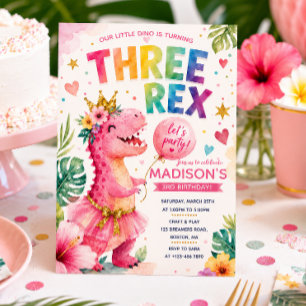 THREE REX Rainbow Dinosaur Girls Birthday Party Invitation