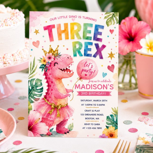 THREE REX Rainbow Dinosaur Girls Birthday Party Invitation (Creator Uploaded)