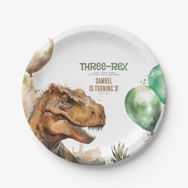 Three-Rex - Tyronasaurus Dinosaur Birthday Party Paper Plates (Front)