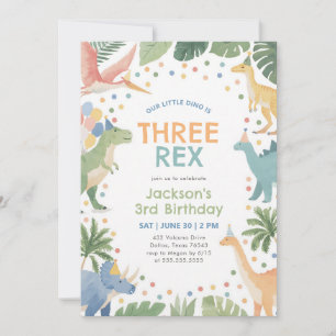 Three Rex Watercolor Dinosaur 3rd Birthday Invitation