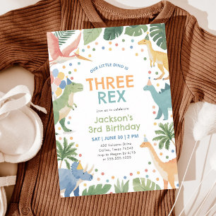 Three Rex Watercolor Dinosaur 3rd Birthday Invitation