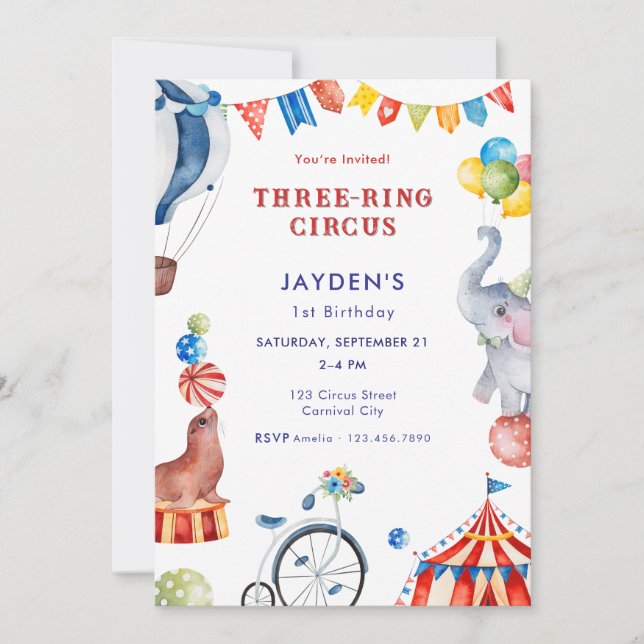 Three Ring Circus 1st Birthday Carnival Animal Invitation (Front)
