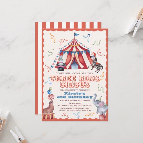 Three Ring Circus Carnival Animals 3rd Birthday Invitation