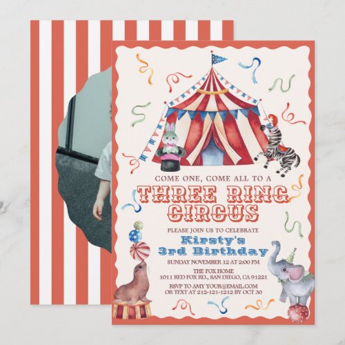Three Ring Circus Carnival Photo 3rd Birthday Invitation