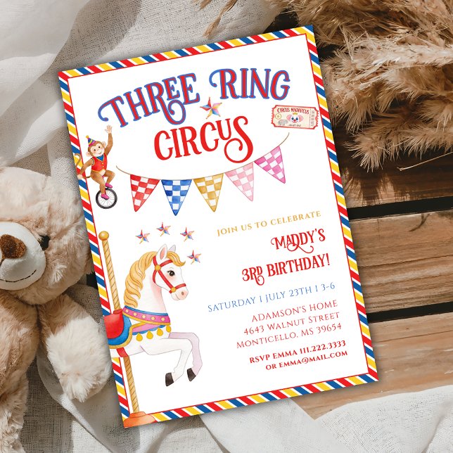 Three Ring Circus Cute Animals 3rd Birthday Party Invitation (Creator Uploaded)