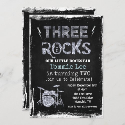 Three Rocks Rockstar Drum set 3rd Birthday  Invitation