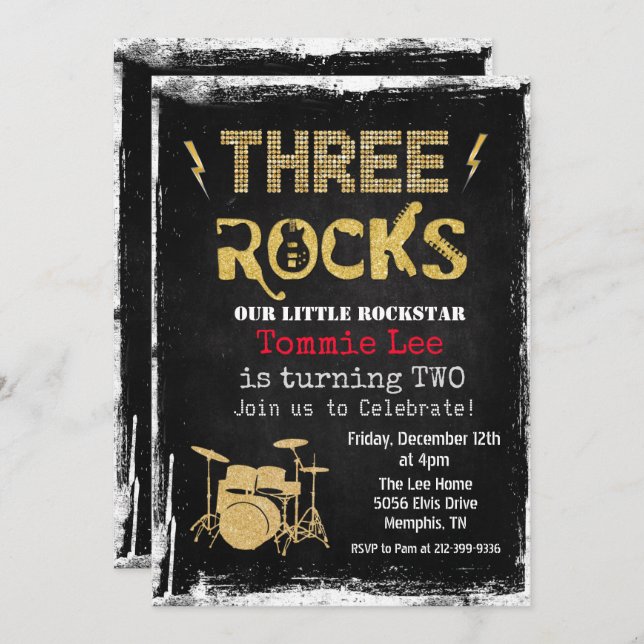 Three Rocks Rockstar Drum set 3rd Birthday  Invitation (Front/Back)