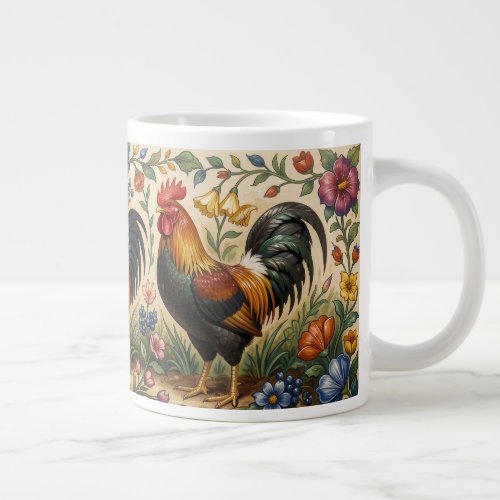 Three roosters in a blooming garden giant coffee mug