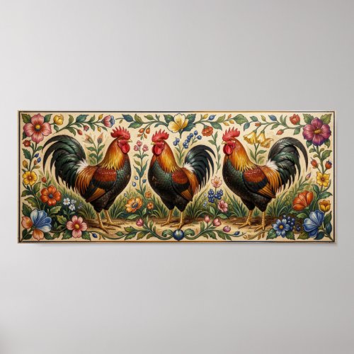 Three roosters in a blooming garden poster
