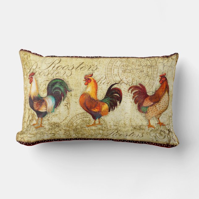 Three Roosters Lumbar Pillow (Front)