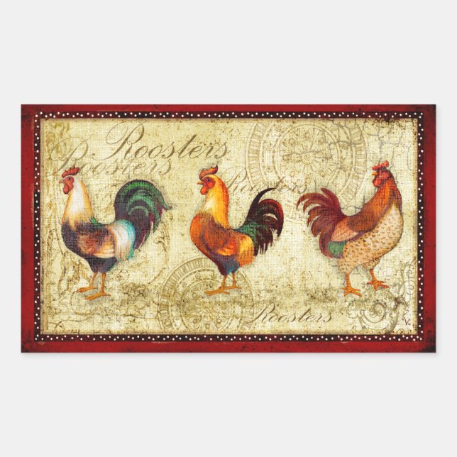 Three Roosters Rectangular Sticker (Front)