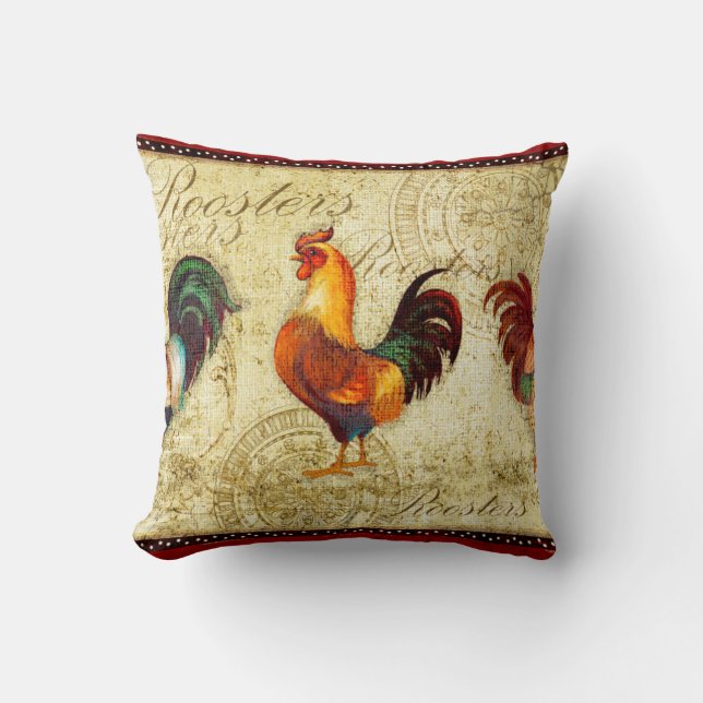 Three Roosters Throw Pillow (Front)