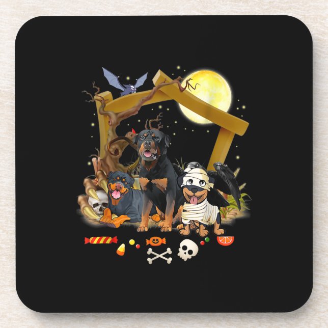 Three Rottweiler Dogs Halloween Dog Halloween Gift Beverage Coaster (Front)