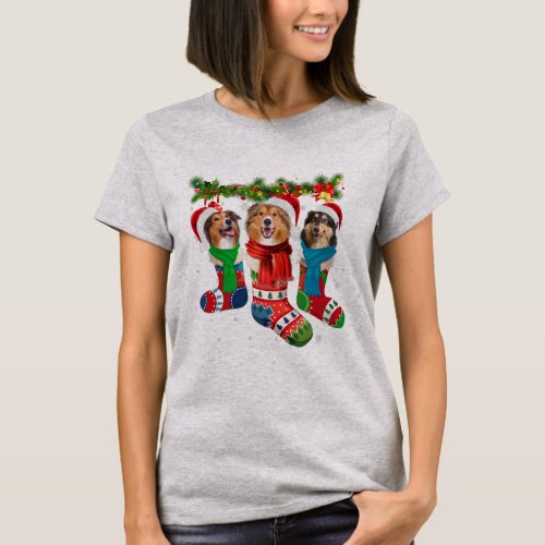 Three Rough Collies In Christmas Socks  T_Shirt