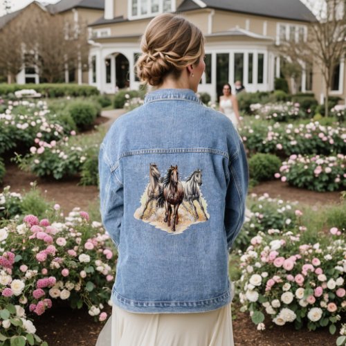 Three Running Horses Equestrian Horseback Riding  Denim Jacket