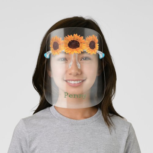 Three Rustic Yellow Orange Sunflowers with Name Kids Face Shield