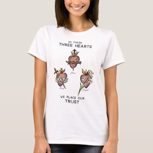 Three Sacred Hearts of Jesus Mary Joseph JMJ Cat T_Shirt
