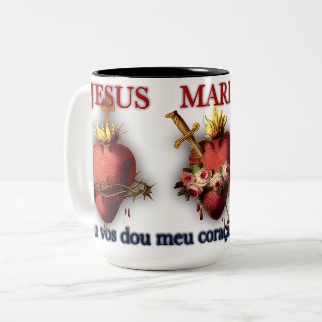 Three Sacred Hearts Two-Tone Coffee Mug (Front Left)