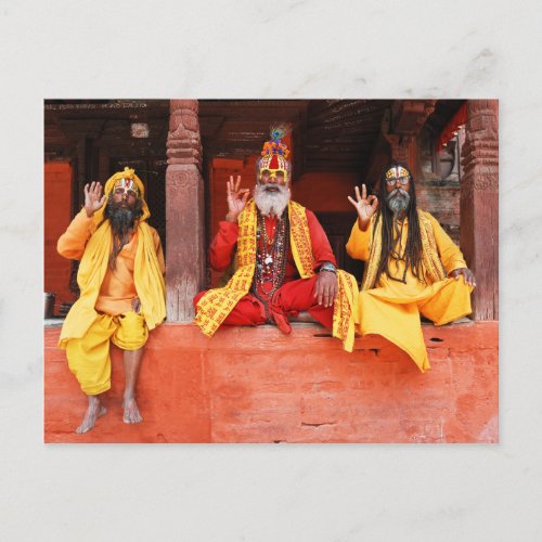 Three Saddhus Sitting on the Vishnu Temple Nepal Postcard