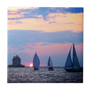 Three Saliboats Sunset Ceramic Tile