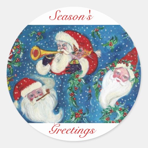 THREE SANTA  CHRISTMAS NIGHT White Blue Classic Round Sticker