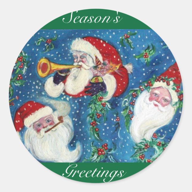 THREE SANTA / CHRISTMAS NIGNT ,Green Blue Classic Round Sticker (Front)