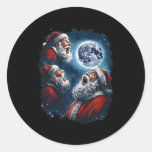 Three Santa Claus Moon Howling Funny Christmas Hol Classic Round Sticker