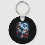 Three Santa Claus Moon Howling Funny Christmas Hol Keychain