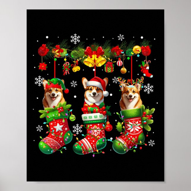Three Santa Elf Corgis Inside Xmas Socks Owner Kid Poster (Front)