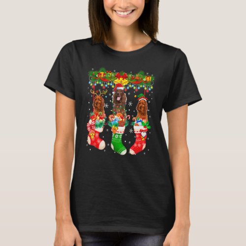 Three Santa Reindeer Elf Irish Setter Dogs In Xmas T-Shirt