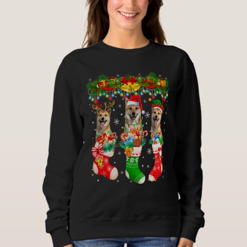 Three Santa Reindeer Elf Shiba Inu Dogs In Christm Sweatshirt