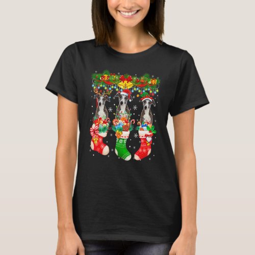 Three Santa Reindeer Elf Whippet Dogs In Christmas T-Shirt